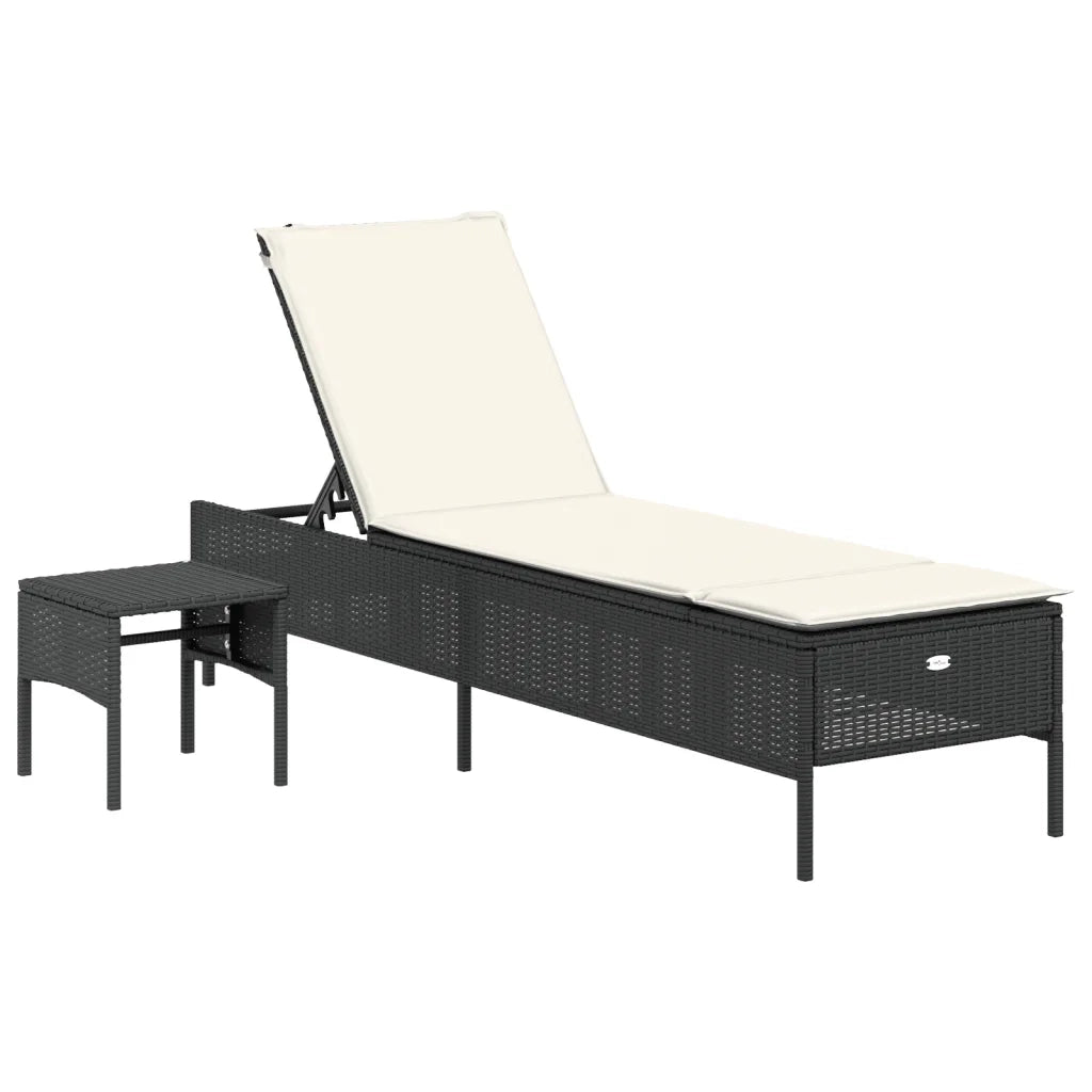 Lettino Prendisole con Tavolo e Cuscino Nero in Polyrattan