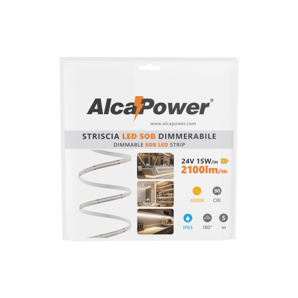 Alcapower Striscia LED SOB Serie IP65 5m 4000K 24V 15W/m 2100lm/m Alta Efficienza CRI 90 LED Strip Professionale per Illuminazione Interna ed Esterna