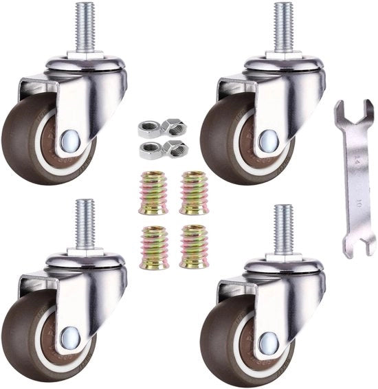4 zwenkwielen per set per mezzo M8x20mm con avvallamento in TPE morbido per mobili, vasi fiorali (38 mm - 4 senza freni)