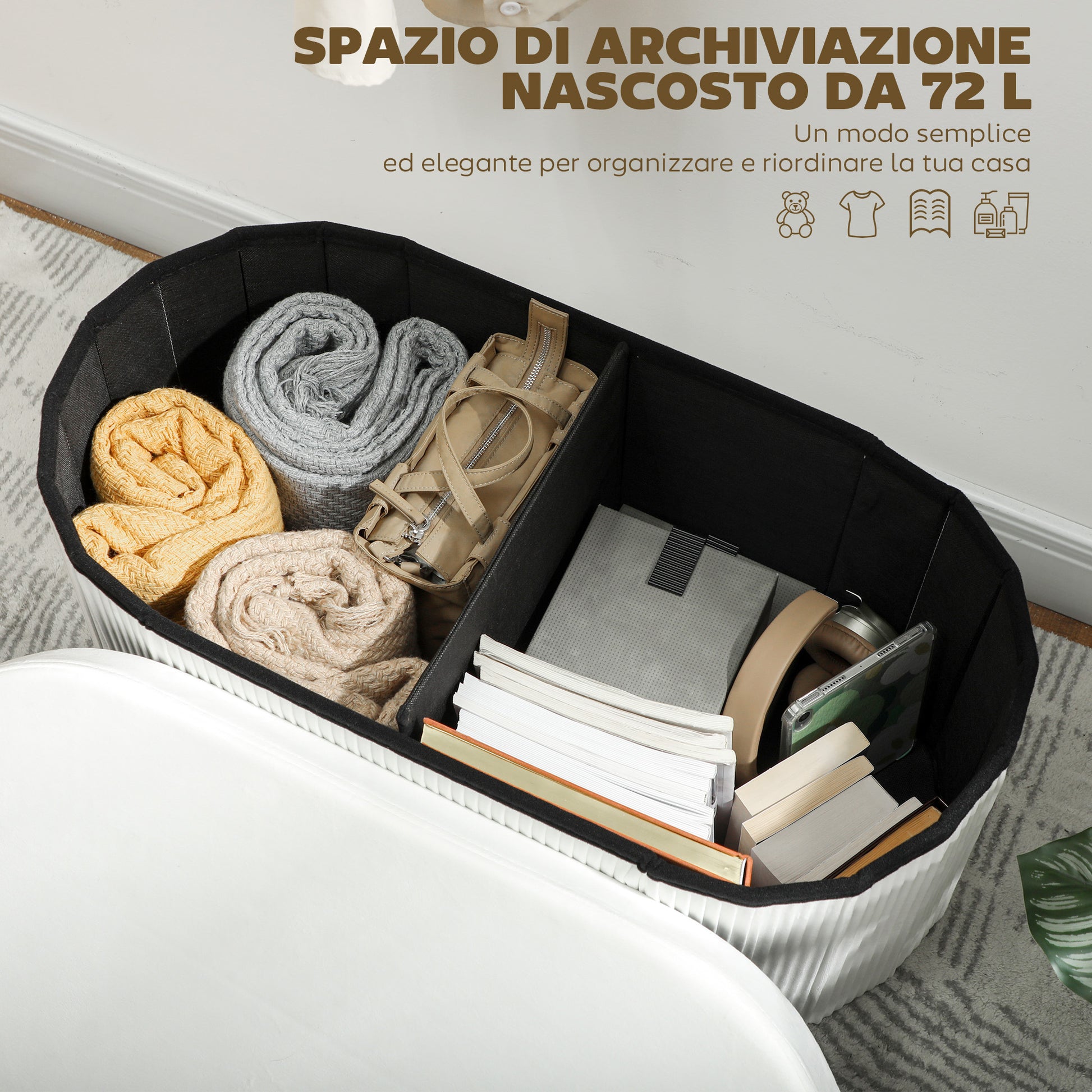 Pouf Contenitore Pieghevole 76x38x35 cm con Vano da 72L e Rivestimento in Velluto Crema