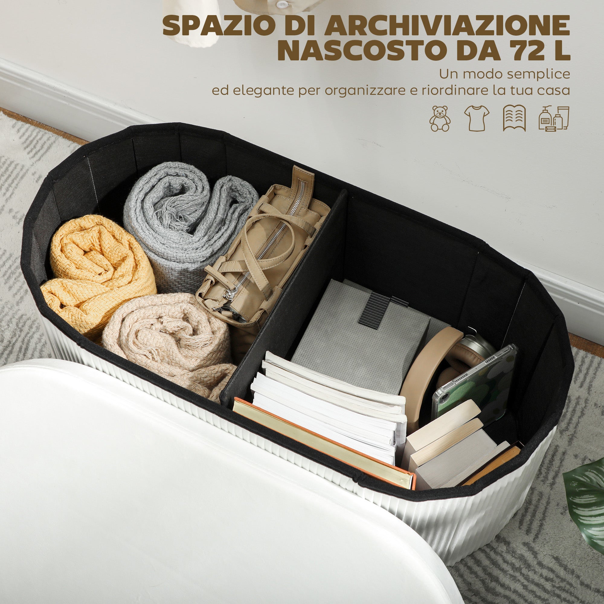 Pouf Contenitore Pieghevole 76x38x35 cm con Vano da 72L e Rivestimento in Velluto Crema