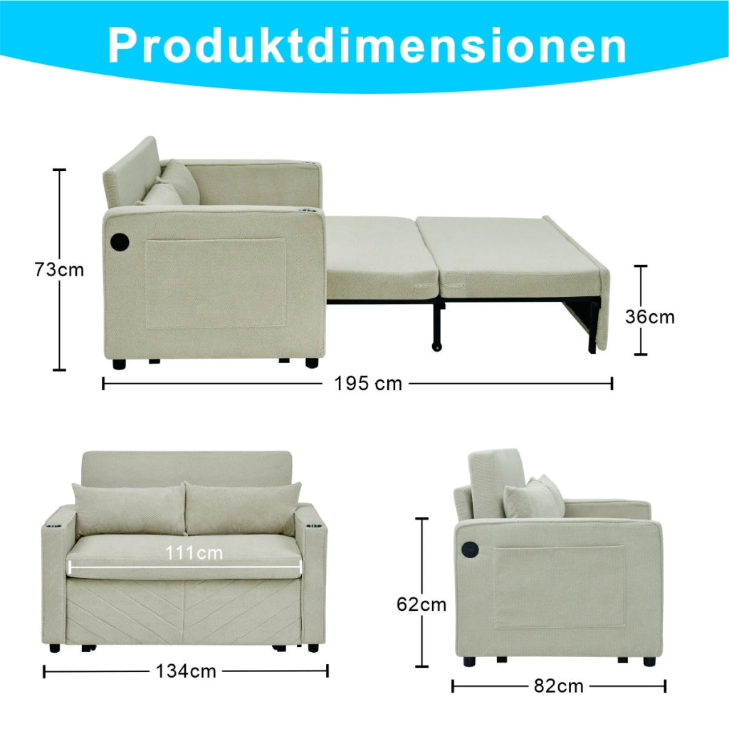 Divano letto 2 posti con trasformazione scorrevole e porte usb in legno e tessuto beige 195 × 134 × 73 cm