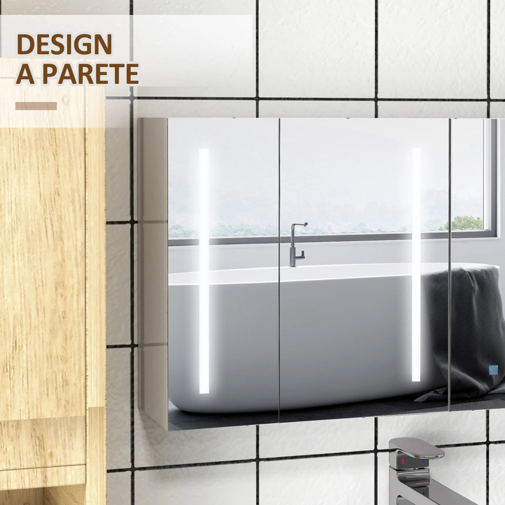 Bathroom Mirror Cabinet with Light, Bathroom Storage Cupboard with USB Charge, Adjustable Shelf, 90x15x70cm, White