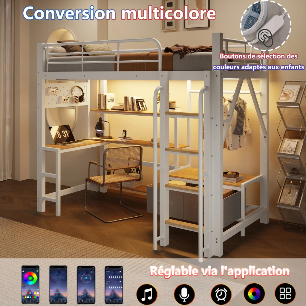 Letto a soppalco 90x200 cm con scrivania; USB; pegboard; cassetti in tessuto; ripiani; appendiabiti e LED; metallo bianco