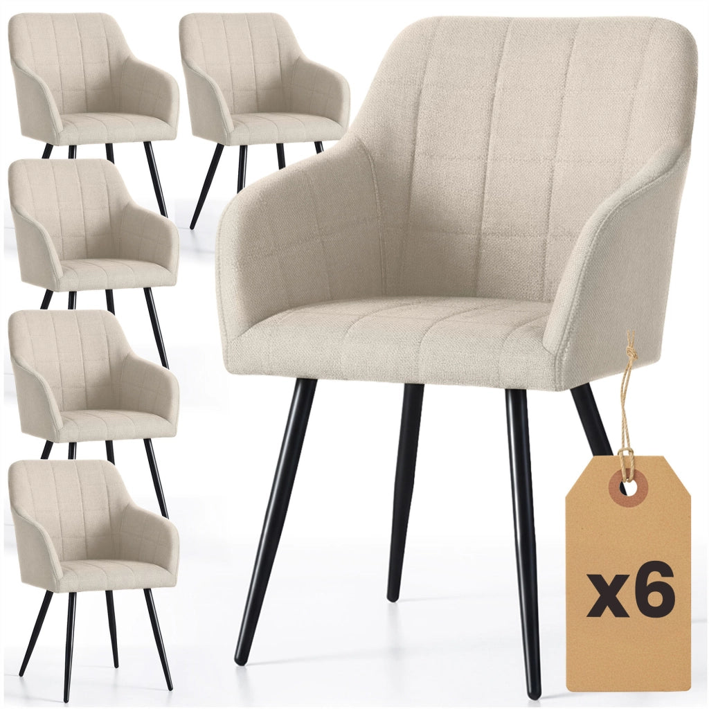 Set di 6 Sedie imbottite con cuciture quadrate LUXANO Beige gambe nere tessuto Lumos