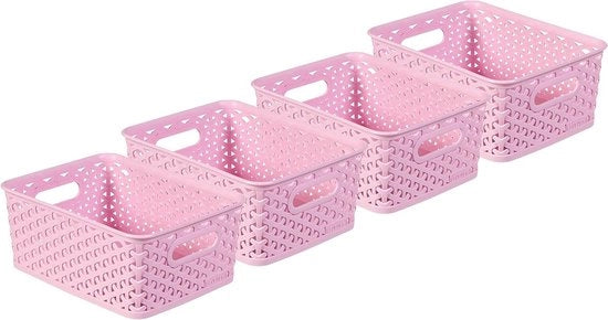 Set di Stoccaggio Rotan Effetto da 4 Cassetti Quadrati 4 Litri Rosa - Sala da Pranzo Bagno Utility