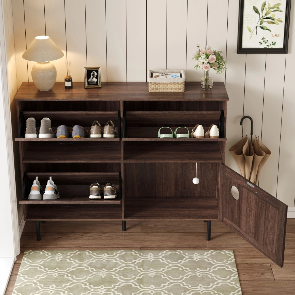 OKWISH Scarpiera con 4 Ante e 3 Ribalte, Gioco Integrato per Gatto, per Ingresso, Noce Naturale 120 x 28 x 92 cm