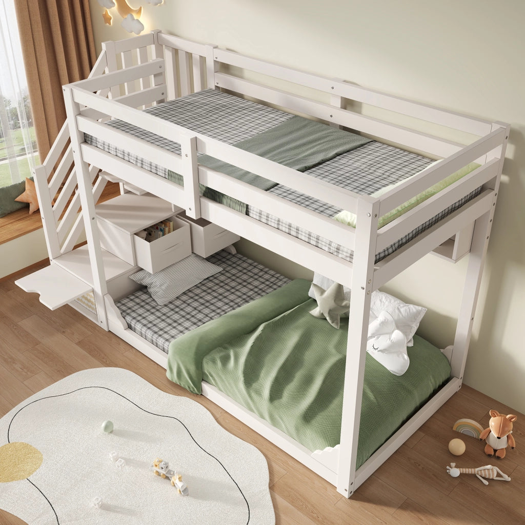 LETTO a castello 90x200 cm in legno bianco con armadio scala e contenitori