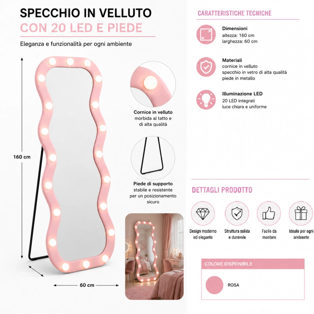 Specchio Grande Ondulato 60x160 cm con 20 Led, Cornice in Velluto Rosa Moderno Accensione Touch