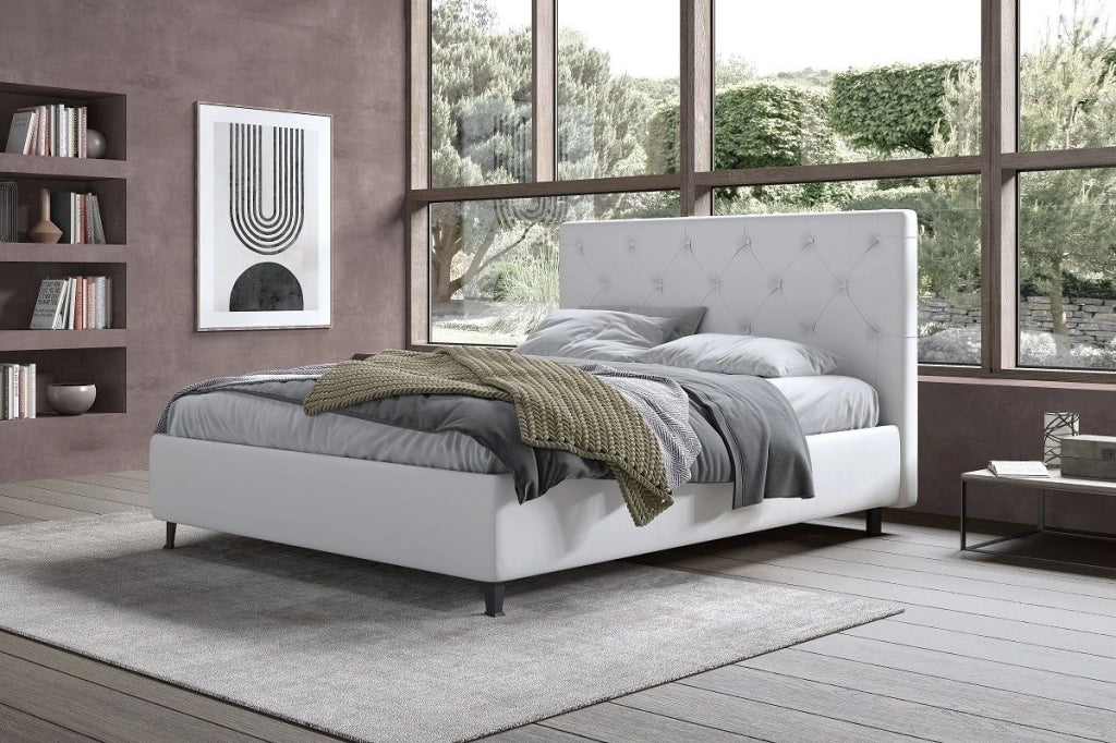 Germanvox Letto Contenitore Matrimoniale Imbottito Moderno e di design con rete a doghe legno per Materasso Matrimoniale, Elegante Testiera Ecopelle Bianco, (160x190)