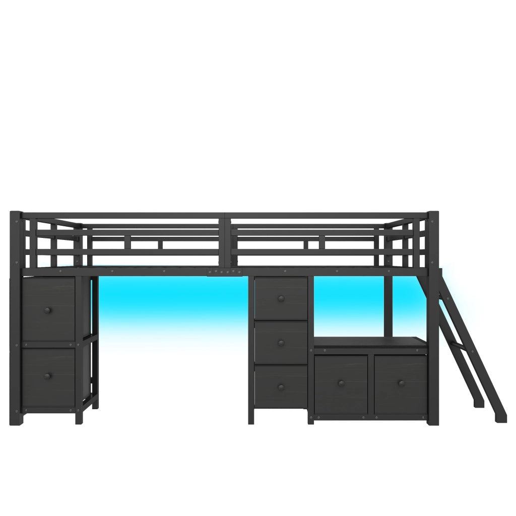Letto a mezza altezza 90x200 cm salvaspazio con 7 cassetti in tessuto; mensole; area gioco e LED 7 colori; nero