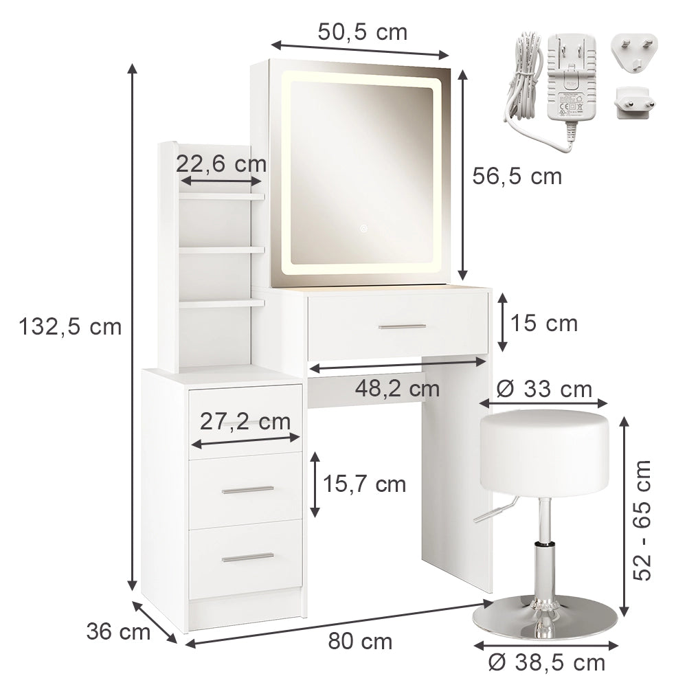 Vicco Tavolo da toilette Bianco 80 cm con specchio LED e sgabello
