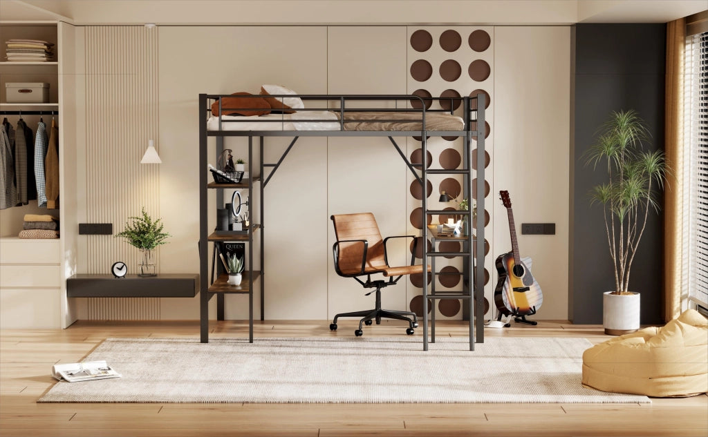 DESMIU Letto a soppalco singolo con scrivania e 3 ripiani, 90 × 200 cm, senza materasso, in metallo, nero