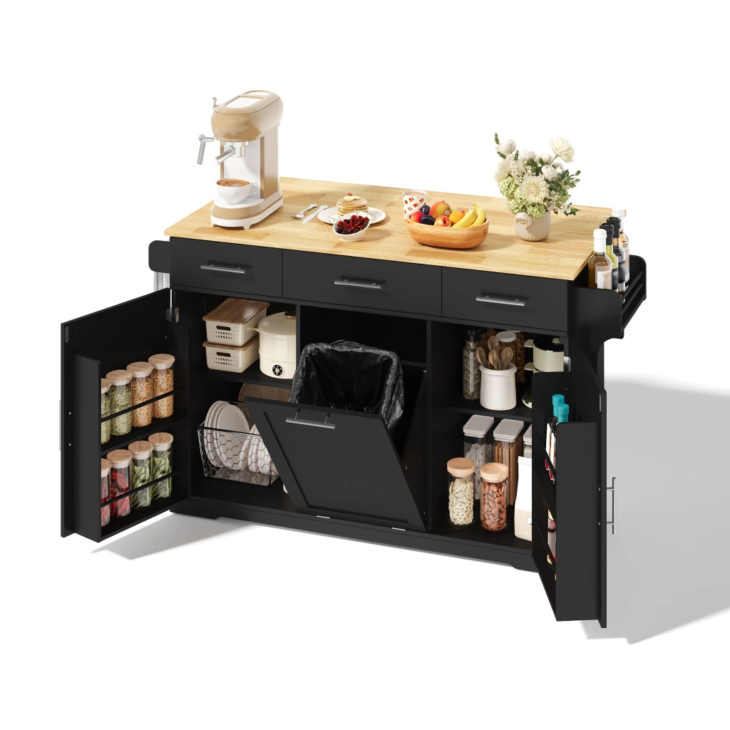 Carrello da cucina con 3 cassetti; 2 ante e vano rifiuti; portasciugamani e prese integrate; in MDF; nero e naturale