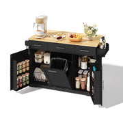 Carrello da cucina con 3 cassetti; 2 ante e vano rifiuti; portasciugamani e prese integrate; in MDF; nero e naturale