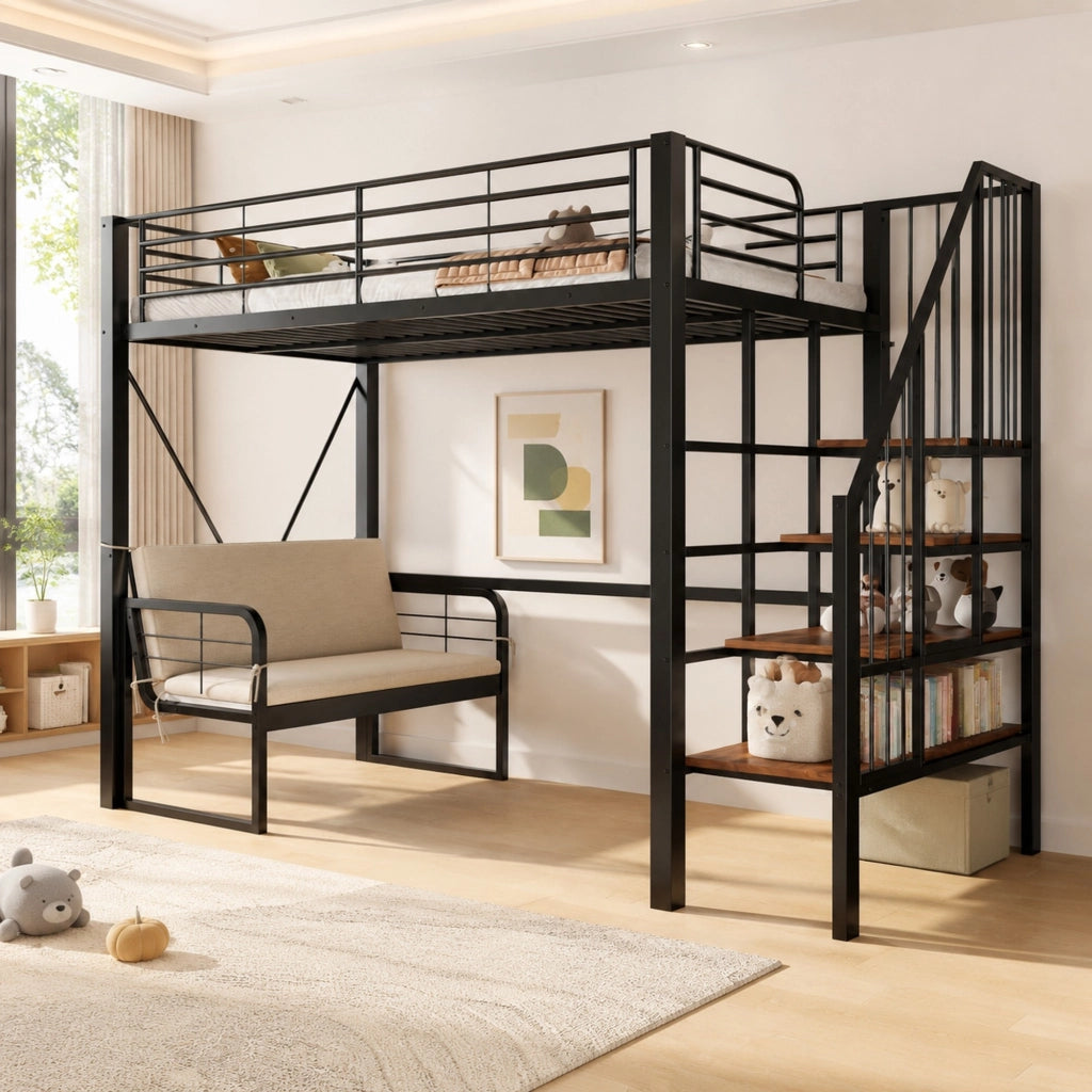 DESMIU Letto a castello 90 × 200 cm 2 posti con divano imbottito, vano contenitore e scala, senza materasso, nero