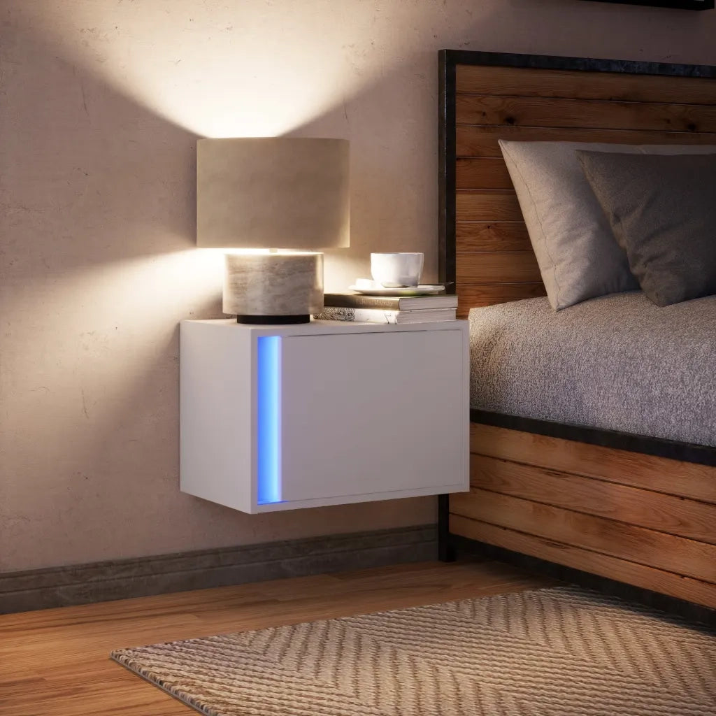 Comodino a Parete con Luci LED-Tavolino da notte sospeso Bianco 201556