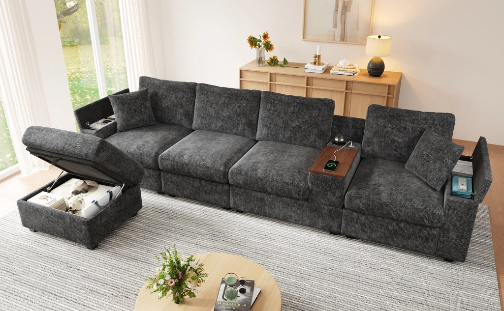 Divano modulare angolare con pouf porta bicchieri USB e tipo C con contenitore in chenille grigio 313 × 147 × 82 cm