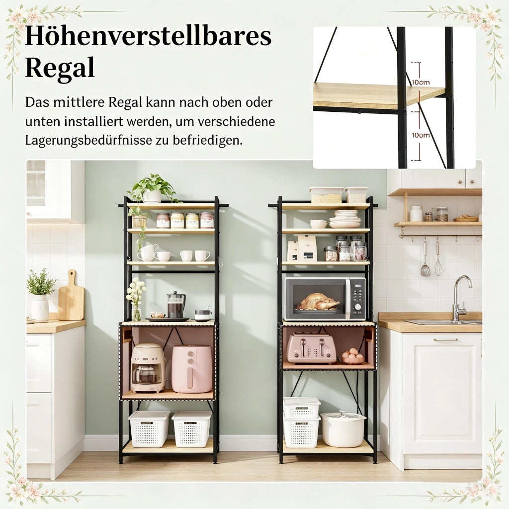 Mobile contenitore con 3 prese e 6 ripiani aperti per cucina, in metallo e truciolare, rovere chiaro, 60 × 40 × 167 cm