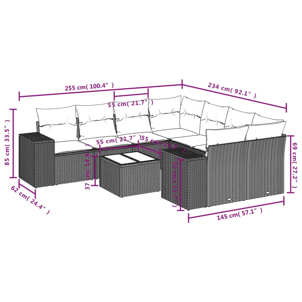 Set Divani da Giardino 9 pz con Cuscini Nero in Polyrattan