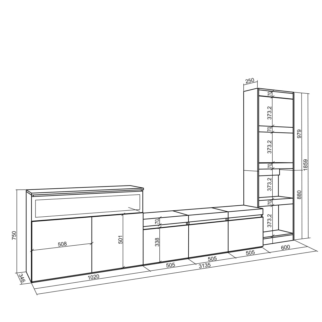 Mobile TV, Soggiorno, 310x35x186cm, Per TV fino a 65", Camino elettrico, colore Rovere e nero RF3153