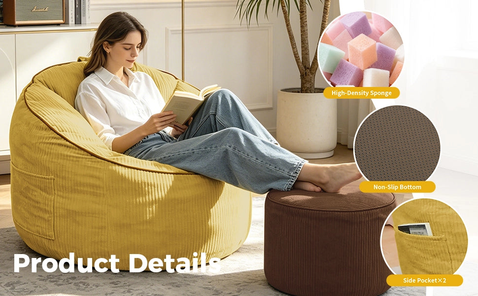 POLTRONA Sacco Ergonomica con Pouf Cilindrico Set 2 pezzi in Flanella Gialla