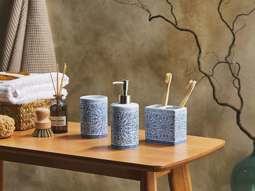 Set di 3 Accessori Bagno in Ceramica bianca e blu decorata dispenser sapone Portaspazzolino recipiente