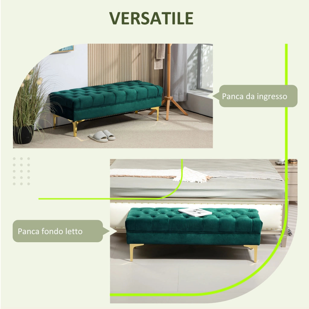 Panca Fondo Letto Imbottita con Rivestimento Trapuntato in Tessuto Effetto Velluto, 118x45x42 cm, Verde Scuro