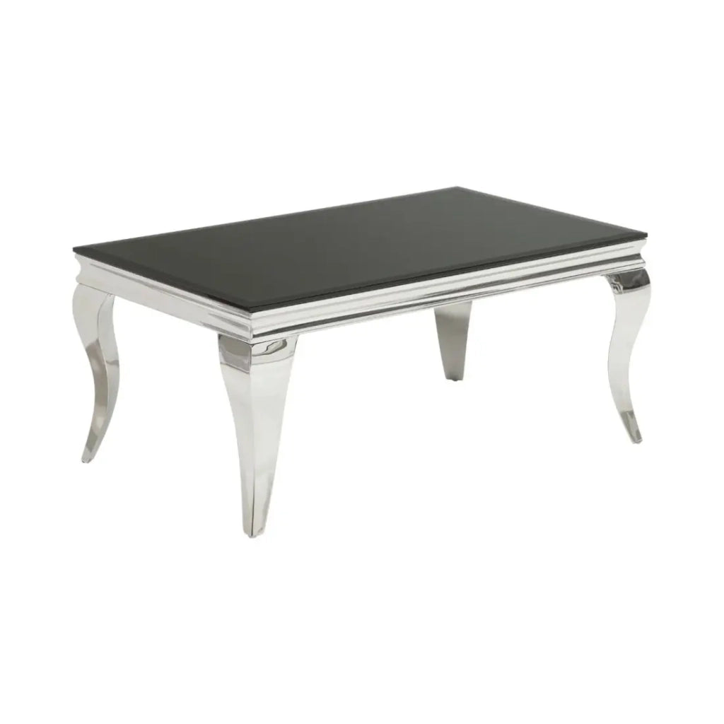 Tavolino basso VELENA 100 cm argentato con vetro temperato nero – Gambe curve in stile barocco