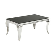 Tavolino basso VELENA 100 cm argentato con vetro temperato nero – Gambe curve in stile barocco