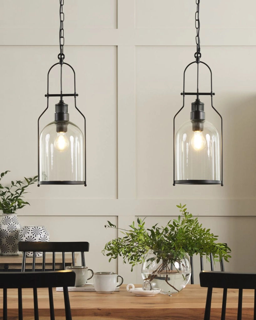 Set di 2 lampadari in metallo nero con paralume in vetro trasparente in stile retrò