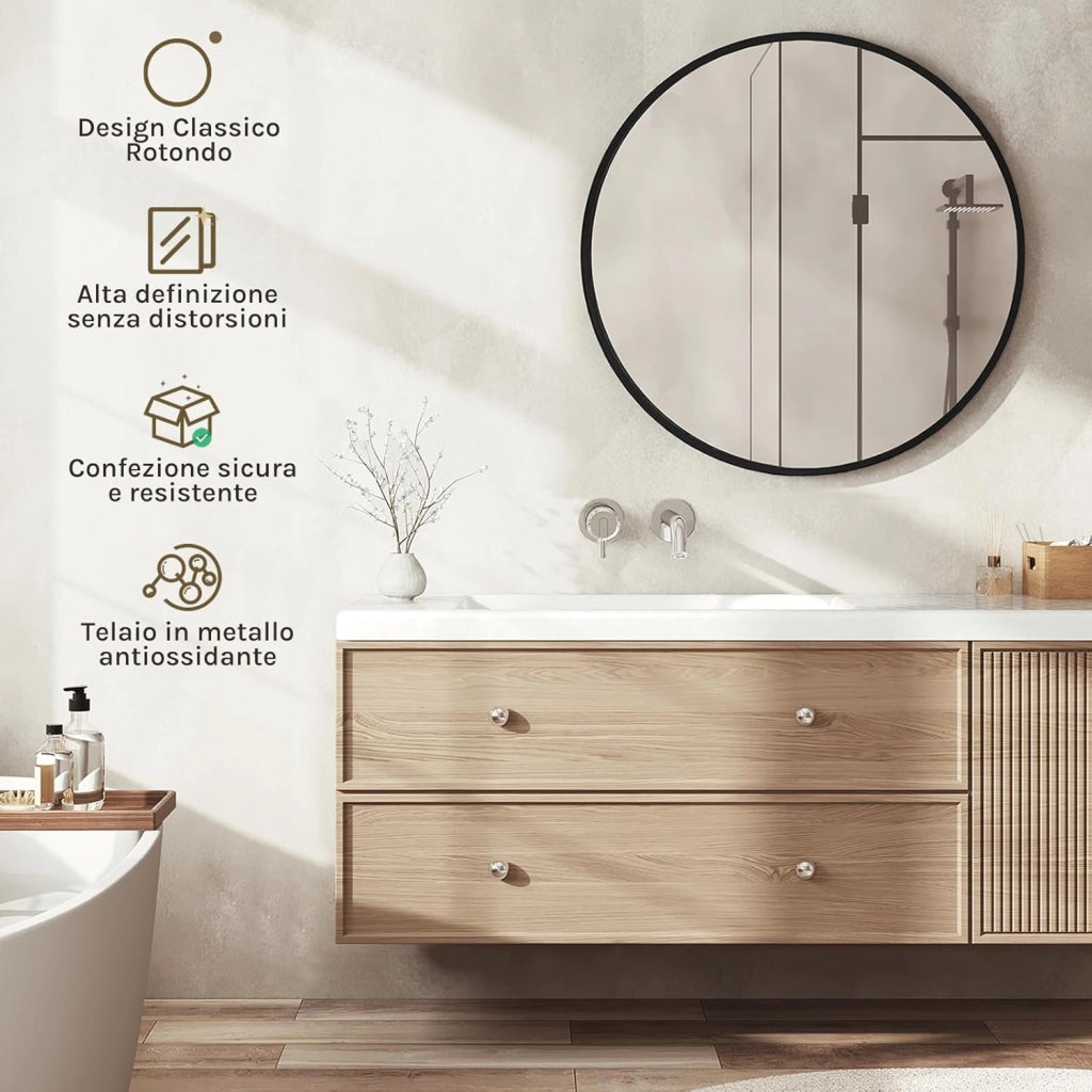 Specchio da Parete, Specchio Trucco,Cornice in Metallo Antiruggine, Decorativo per Bagno con Immagine Nitida, Ideale per Trucco e Arredamento Moderno, Specchio Bagno, Rotondo Nero 71cm