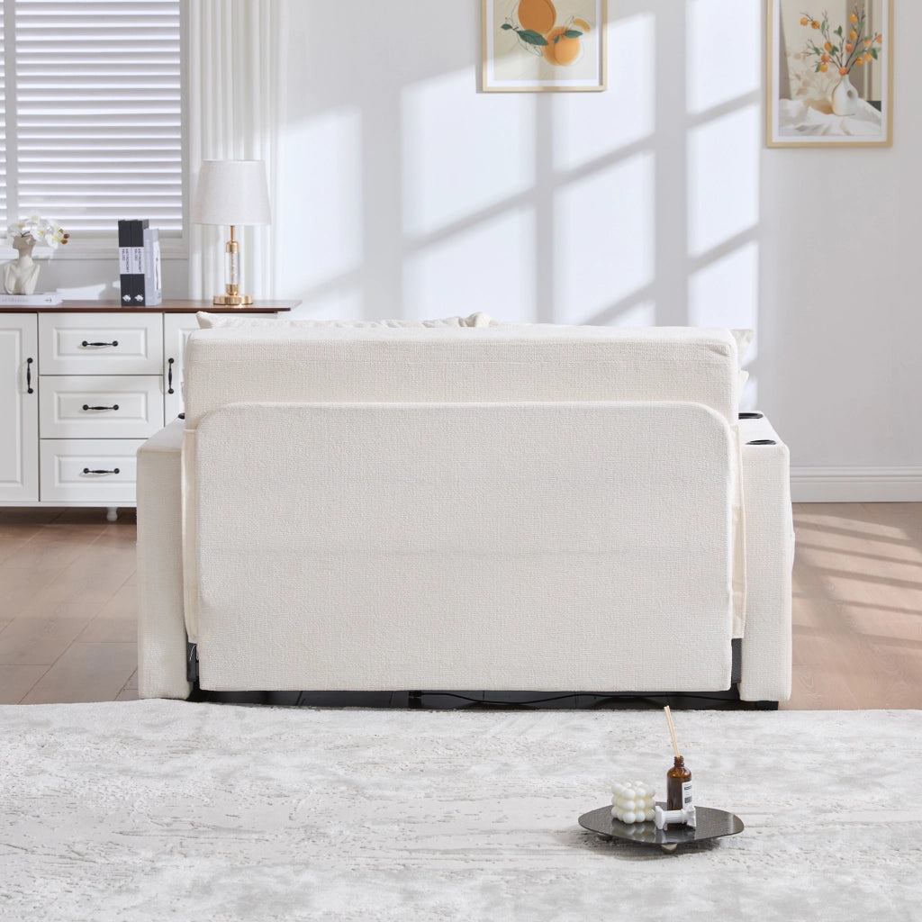 Divano letto in ciniglia beige con tasche laterali e 4 cuscini 139 × 83 × 58 cm