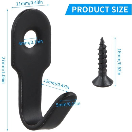 Mini-haken in metallo nero, 10 pezzi, con 10 viti, per camera da letto, soggiorno, cucina
