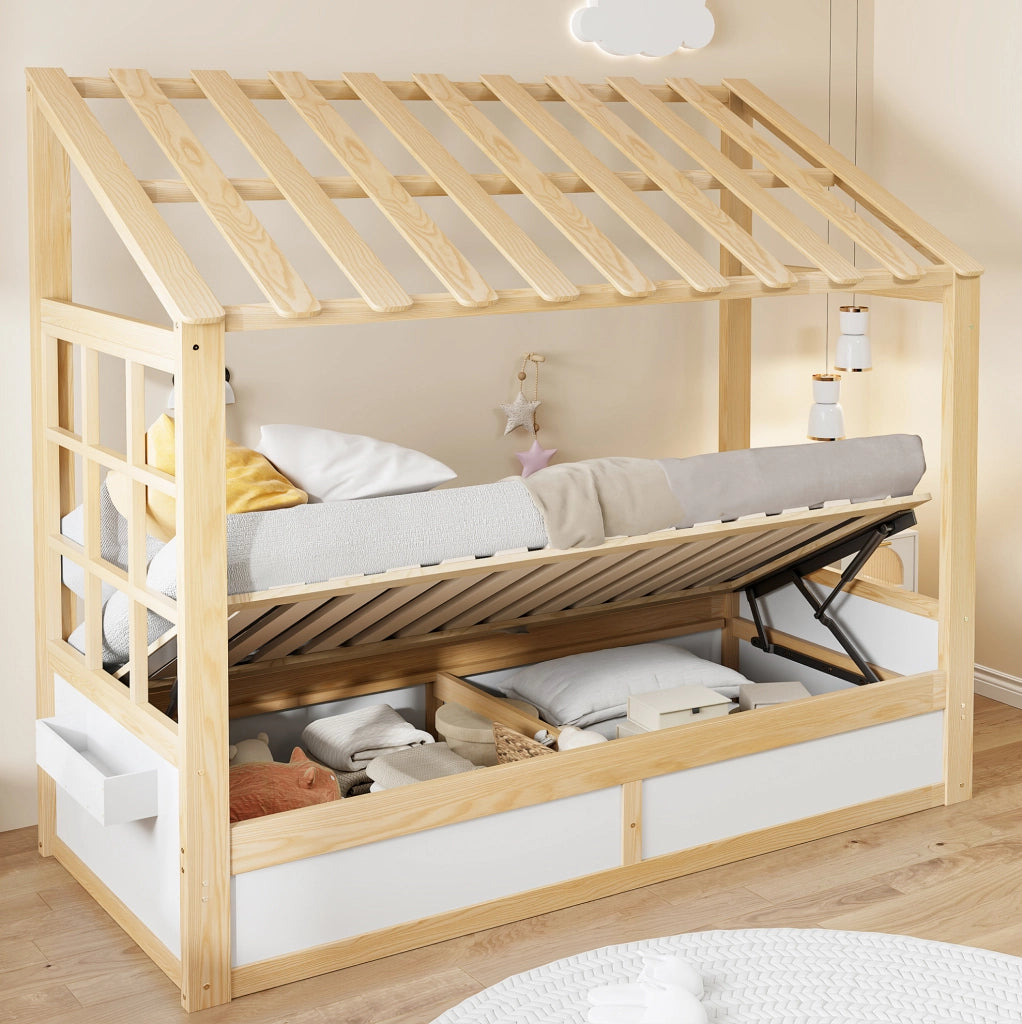 Letto per bambini a casetta 90x200 cm con contenitore idraulico e vani laterali; bianco naturale