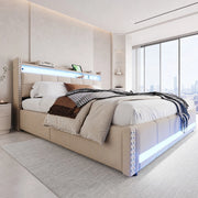 Letto matrimoniale imbottito 180x200 cm in tessuto effetto lino beige con LED; USB e contenitore