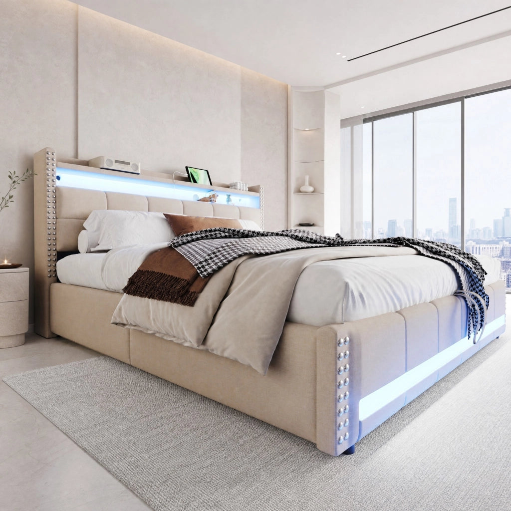 Letto matrimoniale imbottito 180x200 cm in tessuto effetto lino beige con LED; USB e contenitore