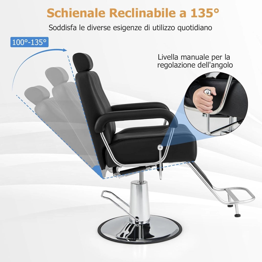 Poltrona da Parrucchiere, con Poggiatesta Regolabile e Schienale Reclinabile, Poltrona da Barbiere con Altezza Regolabile, Girevole a 360°, per Saloni di Bellezza, Parrucchiere