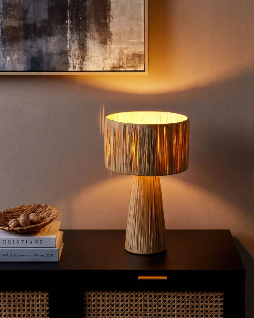 Lampada da tavolo paralume in rafia naturale con foglie di palma, in stile bohémien, fatta a mano