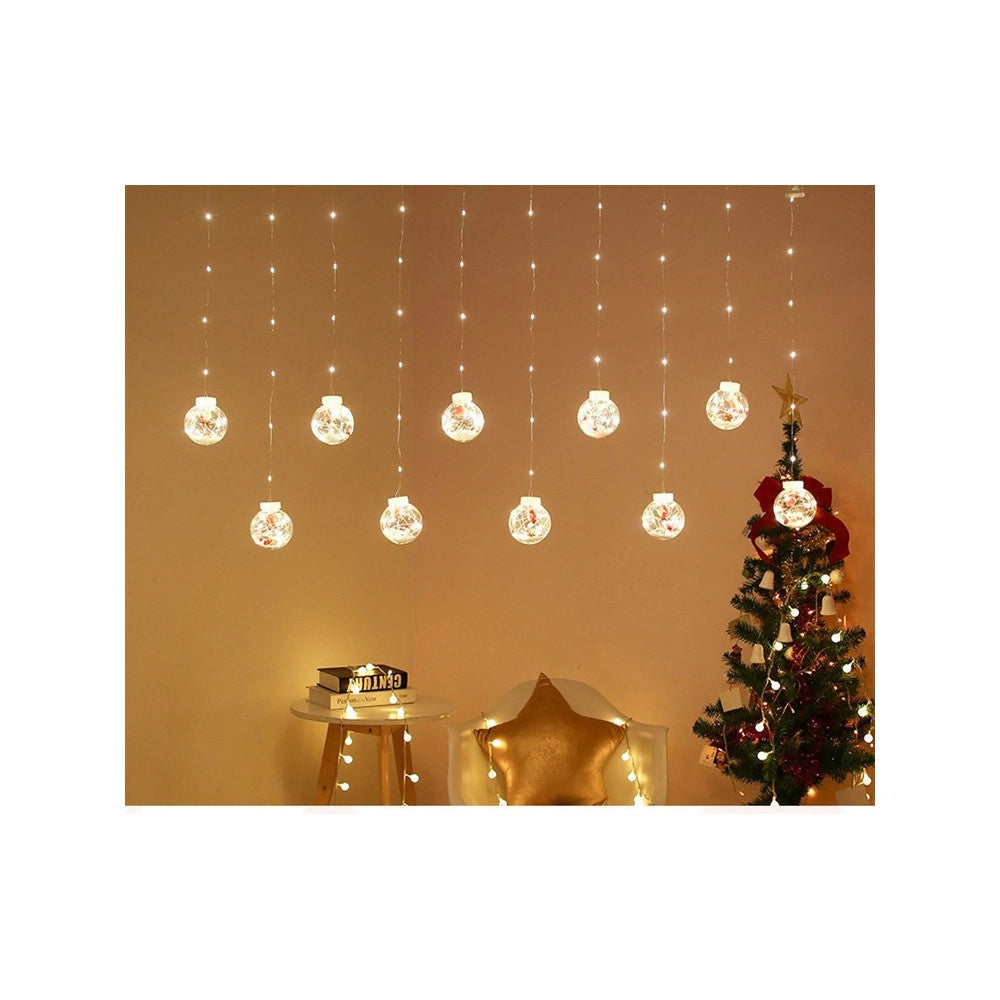 Trade Shop - Tenda Luminosa 10 Palline Di Natale 3 Metri Con Neve Luce Led Calda Fredda Rgb -