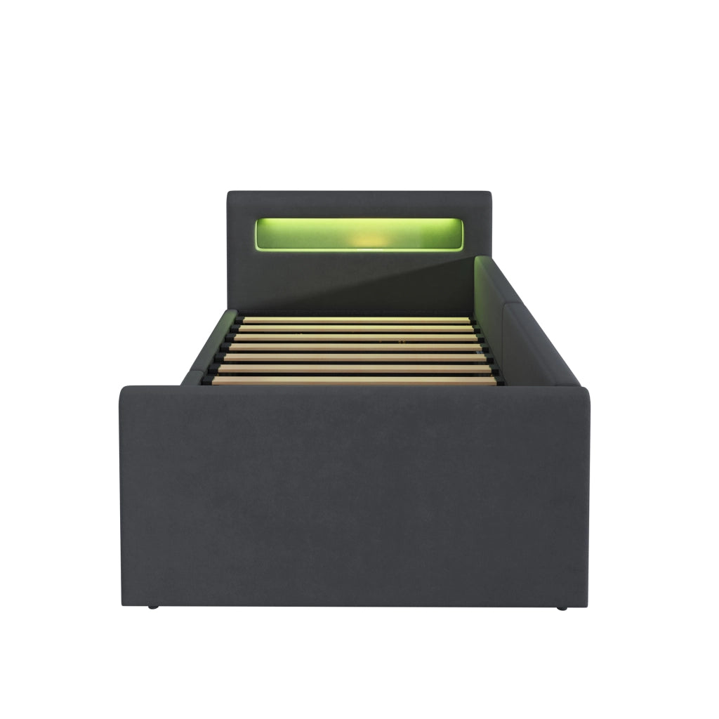 Letto bambino imbottito singolo 90×200 cm con LED; luce notturna; USB e contenitore; senza materasso; grigio scuro