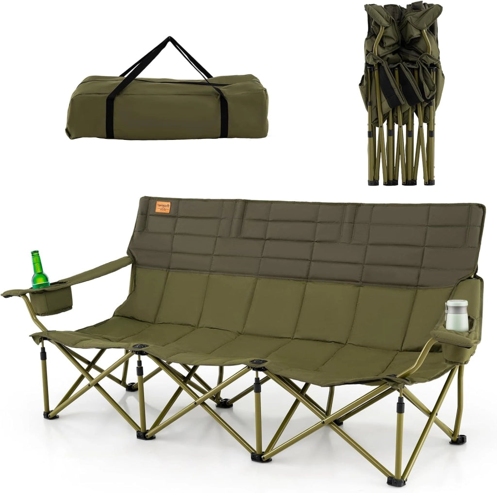 Sedia da Campeggio Pieghevole con Braccioli Regolabili, Sedia da Esterno Portatile con Borsa di Trasporto e Porta Bicchieri, Poltrona per 2/3 Persone, per Pesca, Giardino (Modello II-Verde)