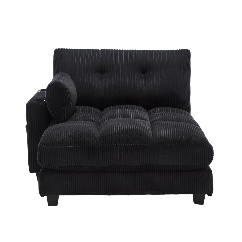 Poltrona lounge moderna in corduroy nero con porta bicchieri, tasche laterali e porte USB