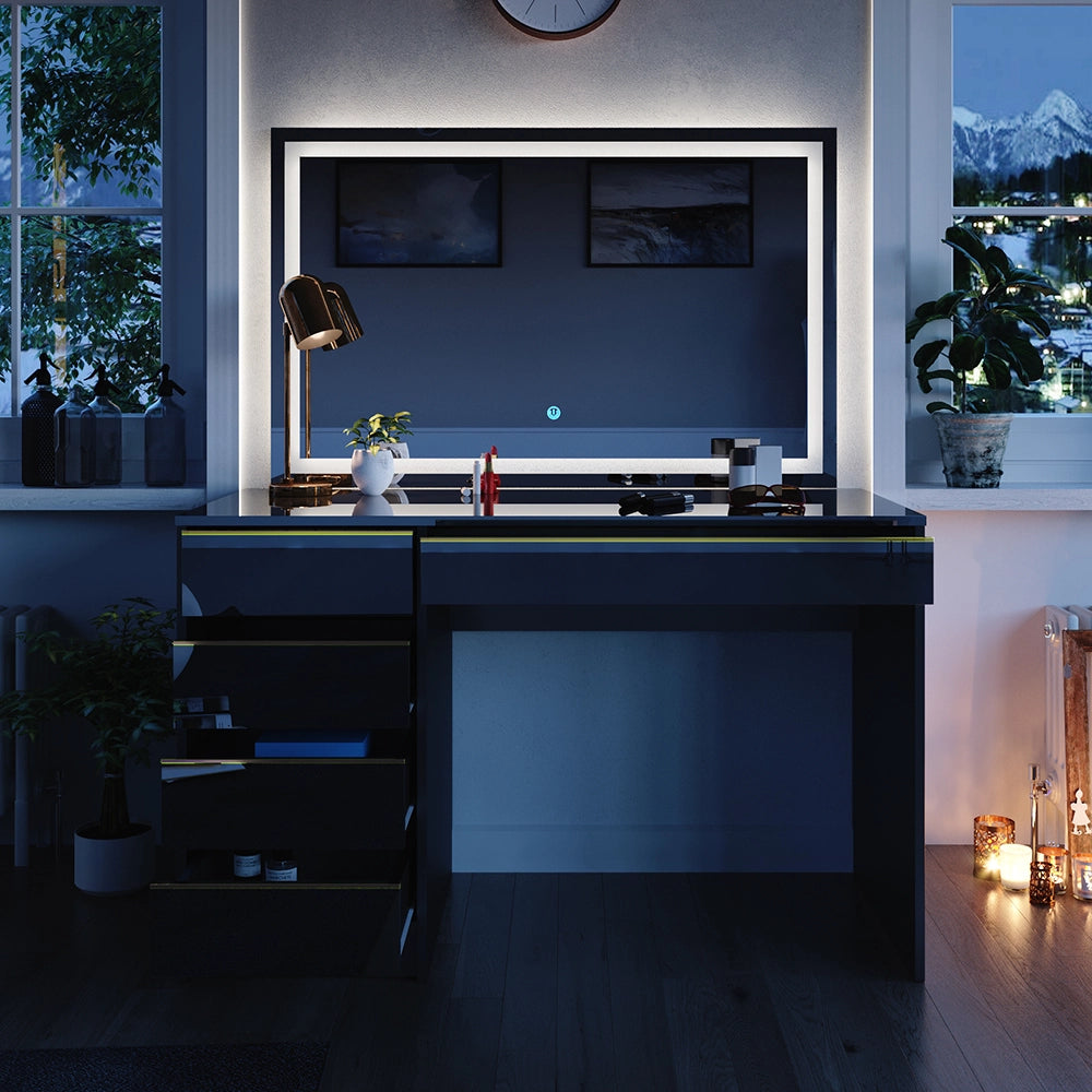 Vicco Tavolo da toilette Nero/oro 55 cm con specchio a LED