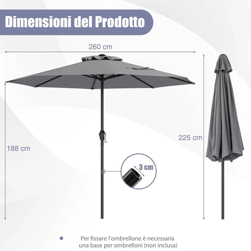Ombrellone da mercato con manovella da tavolo per giardino, Ombrellone da patio da 250 cm Grigio-Ombrelloni
