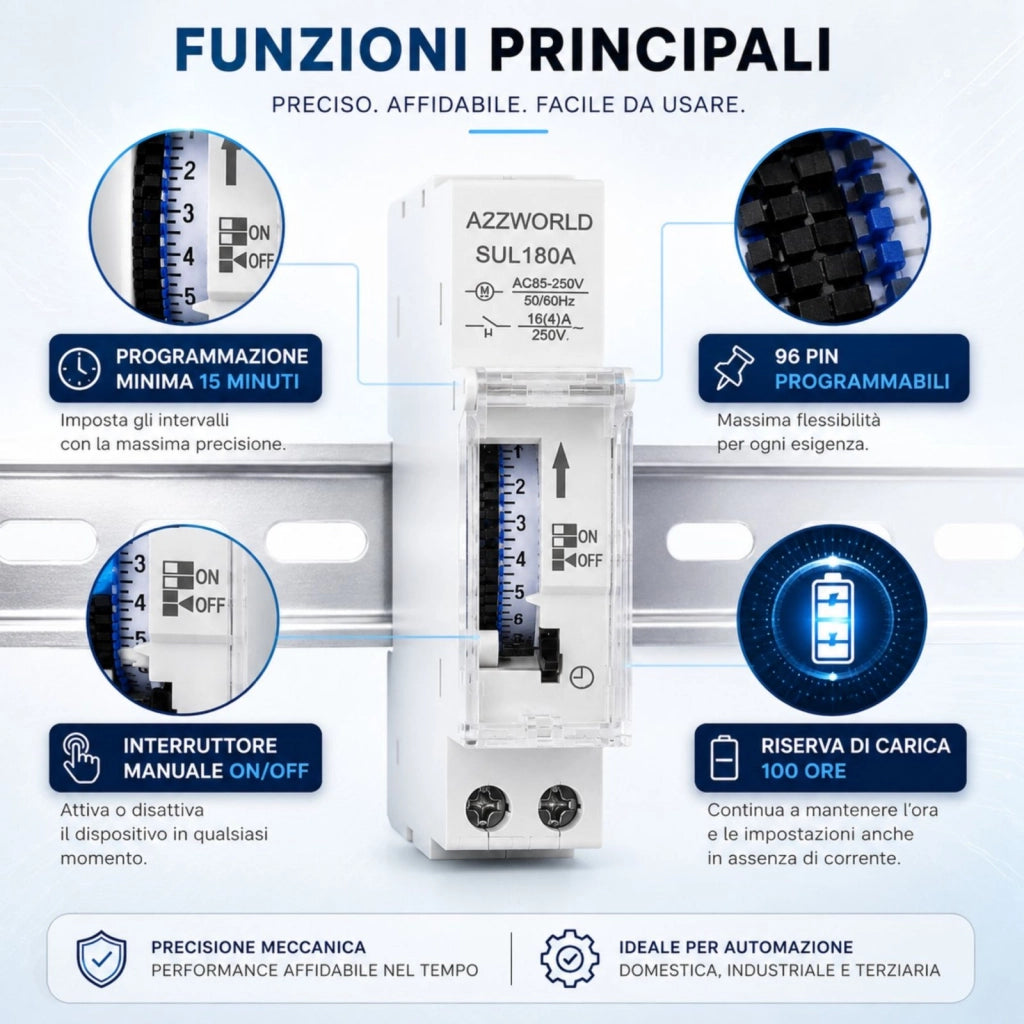 Orologio Interruttore Orario Giornaliero Meccanico su Guida DIN, Timer Switch 24 Ore, Riserva di Carica 100 Ore, 16A, 85-250V AC, 96 Pin, Programmazione Minima 15 Minuti