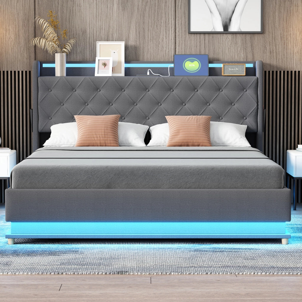LETTO imbottito LED 160x200 cm grigio con USB e contenitore