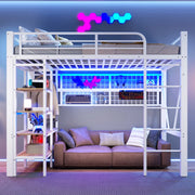 Letto a soppalco singolo 90×200 cm con LED; ripiano e rete appendiabiti; senza materasso; metallo; bianco