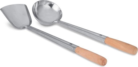 Set di Spatola e Ladello per Woks in Acciaio di Carbonio - Maniglie in Legno