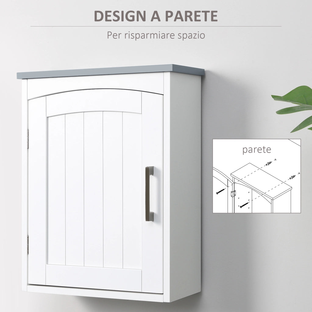 Mobile Pensile Bagno a un'Anta con Mensola Regolabile, 41x18.5x52cm, Bianco e Grigio